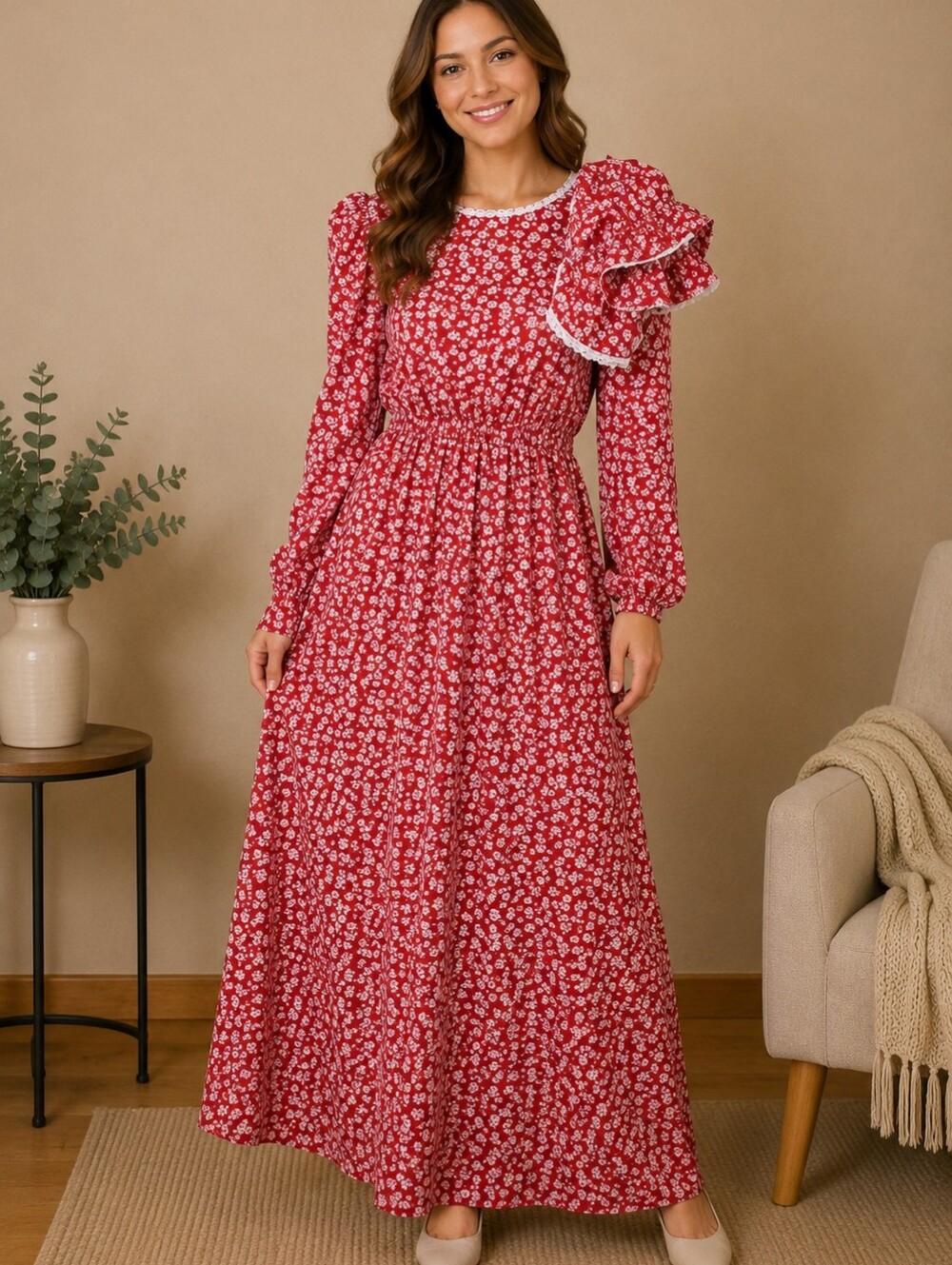 Women's Scarlett Darkness Red Floral Long-Sleeve Maxi Dress with Bonnett